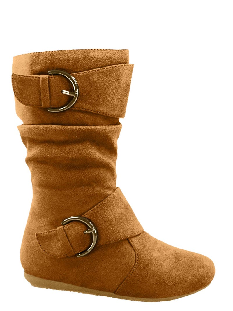 Link Klein-70k Girl's Kid's Faux Suede Two Buckle Zipper Flat Heel Mid Calf Slouchy Boot Shoes Tan 9